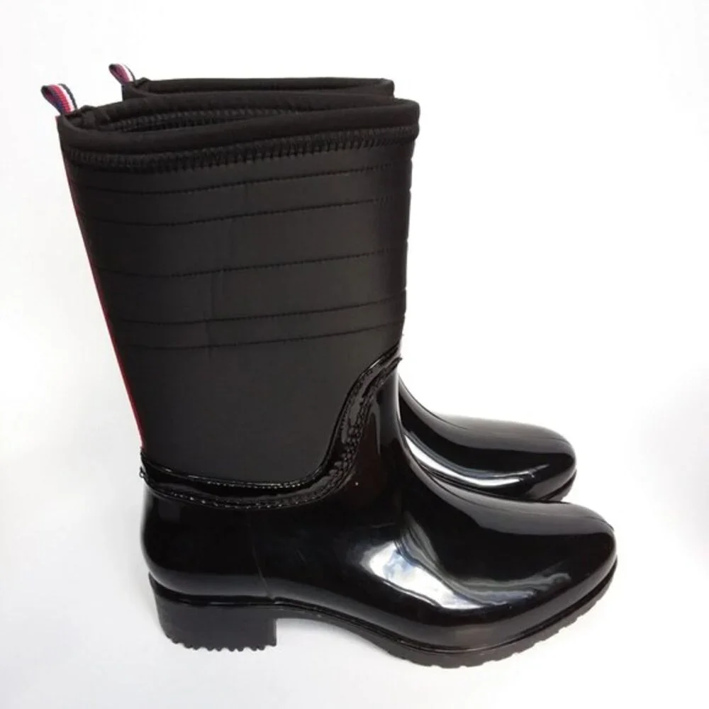 New Tommy Hilfiger Glossy Fonsi Hilfiger Stripe Rain Boot Black 6